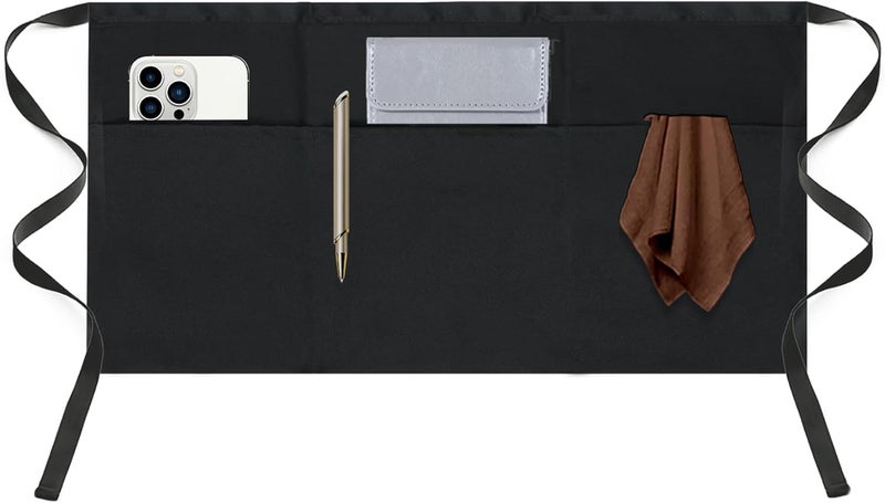 Wsaeig Server Waitress Waist Apron - Half Apron with 3 Pockets,Black Short Aprons for Servers,Waiter Apron - Image 1